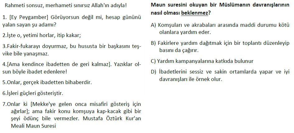 8. Sınıf Din Kültürü Din ve Hayat testi 1. soru