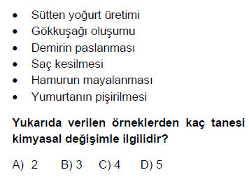 8. Sınıf Fen Bilimleri Fiziksel ve Kimyasal Değişimler testi 2. soru
