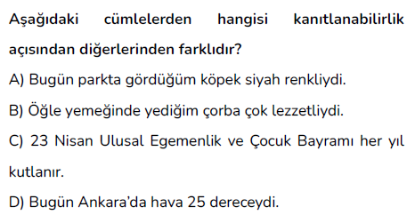 6. Sınıf Türkçe Öznel ve Nesnel Yargılı Cümleler testi 2. soru
