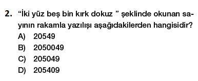 5. Sınıf Matematik Çok Basamaklı Sayılar testi 2. soru