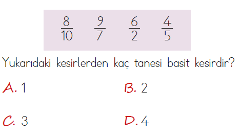 4. Sınıf Matematik 4. Ünite Kesirler testi 1. soru