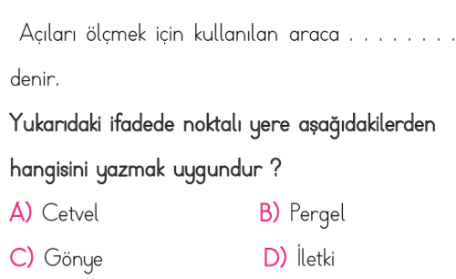 4. Sınıf Matematik 5. Ünite Geometrik Temel  Kavramlar testi 1. soru