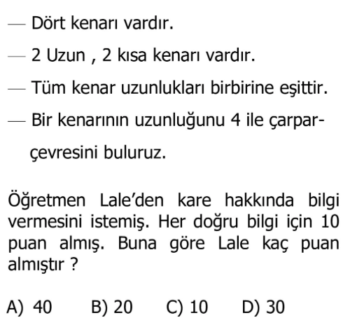 4. Sınıf Matematik 6. Ünite Çevre Ölçme testi 1. soru
