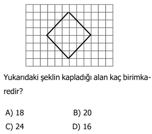 4. Sınıf Matematik 6. Ünite Alan Ölçme testi 2. soru