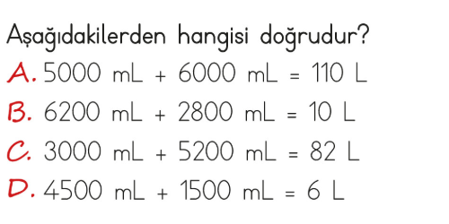 4. Sınıf Matematik 6. Ünite Sıvı Ölçme testi 2. soru