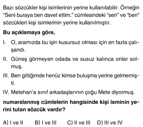 5. Sınıf Türkçe Dil Yapıları-İsmin Yerini Tutan Sözcükler testi 2. soru
