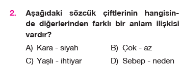 5. Sınıf Türkçe Sözcükte Anlam testi 2. soru