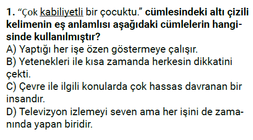 5. Sınıf Türkçe Sözcükler Arası Anlam İlişkileri testi 1. soru
