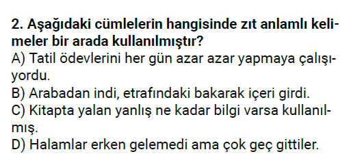 5. Sınıf Türkçe Sözcükler Arası Anlam İlişkileri testi 2. soru