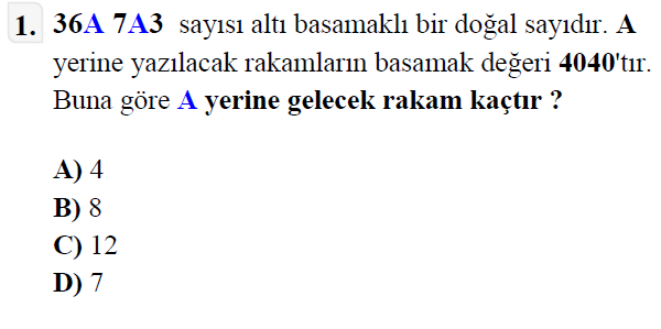 4. Sınıf Matematik 1. Ünite Doğal Sayılar testi 1. soru