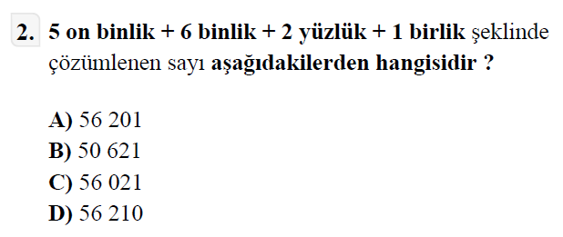 4. Sınıf Matematik 1. Ünite Doğal Sayılar testi 2. soru
