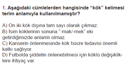 6. Sınıf Türkçe Gerçek, Mecaz, Terim Anlam testi 1. soru