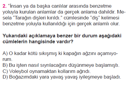 6. Sınıf Türkçe Gerçek, Mecaz, Terim Anlam testi 2. soru
