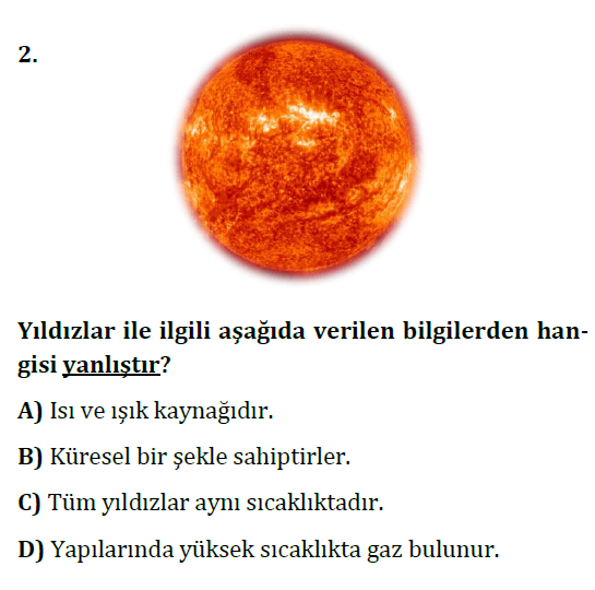 7. Sınıf Fen Bilimleri Gök Cisimleri testi 2. soru