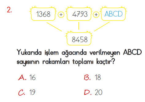 4. Sınıf Matematik 2. Ünite Doğal Sayılarda Toplama testi 2. soru
