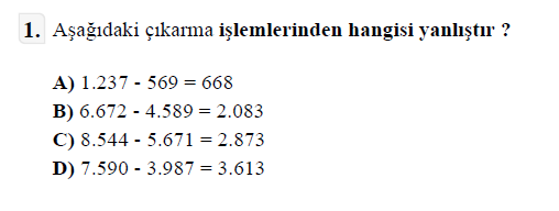 4. Sınıf Matematik 2. Ünite Doğal Sayılarda Çıkarma testi 1. soru