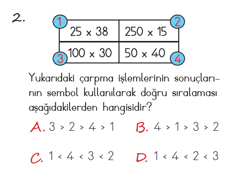 4. Sınıf Matematik 3. Ünite Doğal Sayılarda Çarpma testi 2. soru